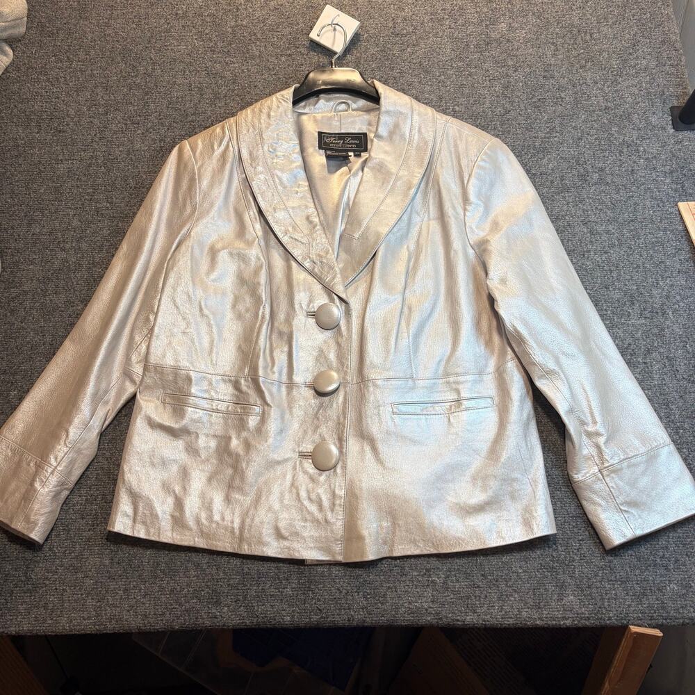 Terry Lewis Metallic Silver Leather Blazer Jacket Womens 2X Plus Size Luxury
